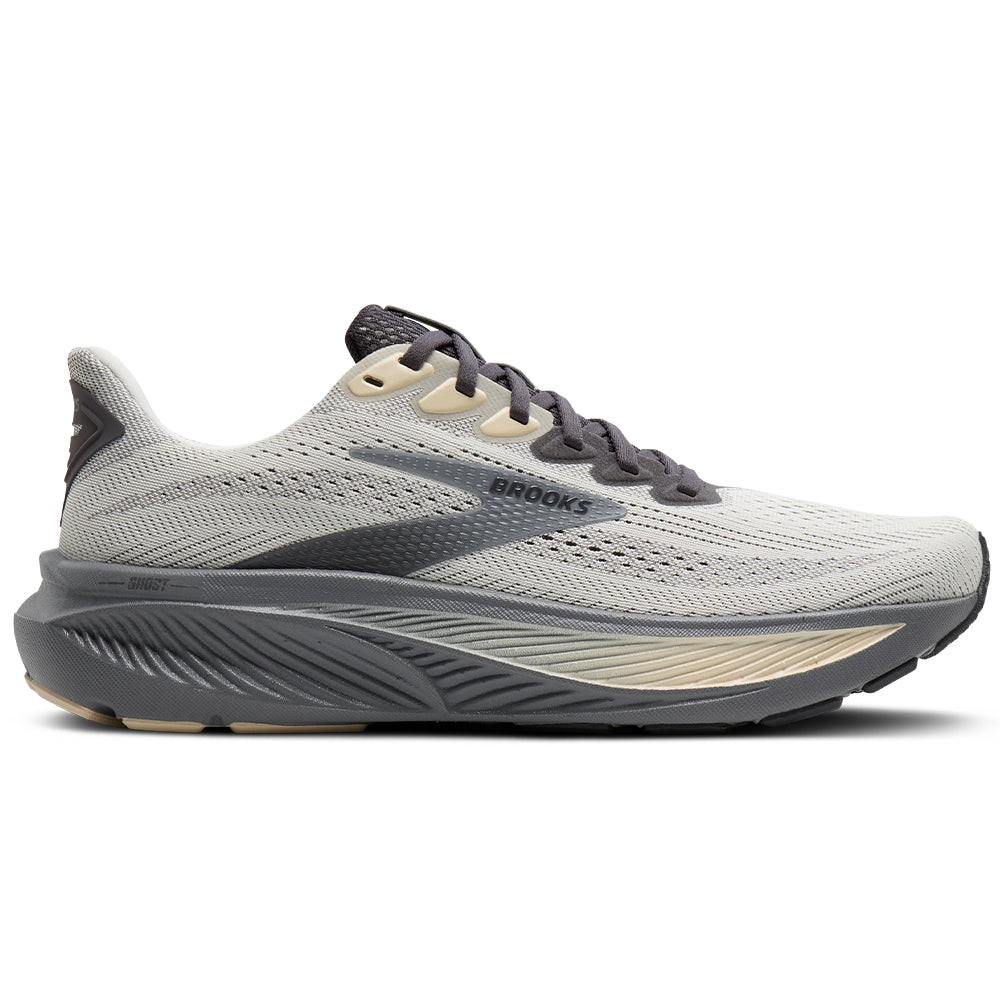 Side view on white background of Mens Brooks Ghost 17 running shoe in Vaporous Grey/Primer/Sand, Medium (Regular) width