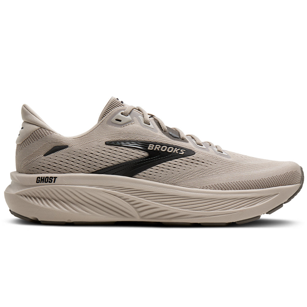 Side view on white background of Mens Brooks Ghost running shoe in Chateau/Black/Morel, Medium (Regular) width