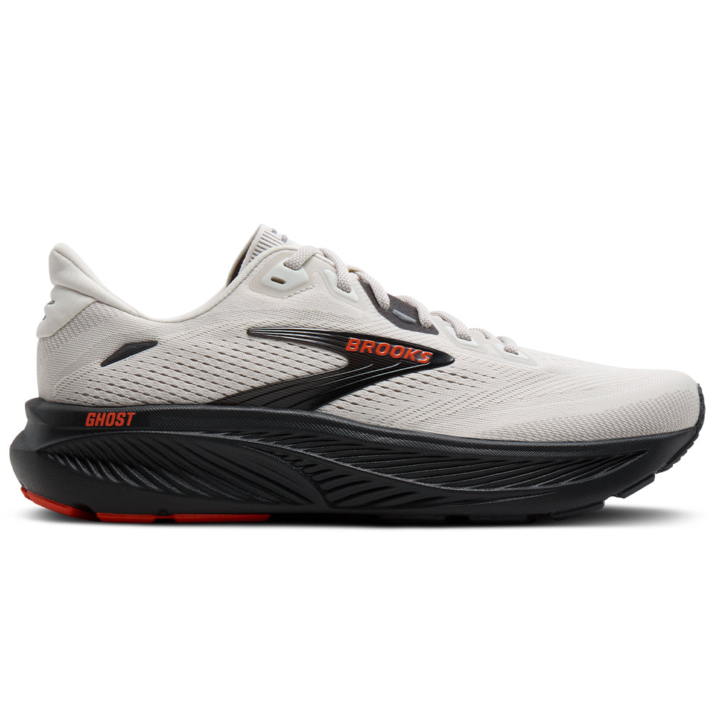 Side view on white background of Mens Brooks Ghost 18 running shoe in Coconut/Pearl/Tigerlily, Extra Wide width