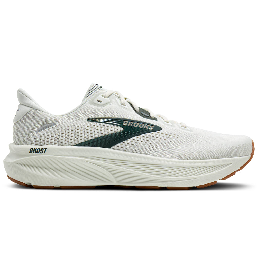 Side view on white background of Mens Brooks Ghost running shoe in Grey/Spruce/Tan, Medium (Regular) width