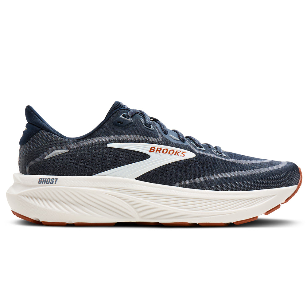 Side view on white background of Mens Brooks Ghost running shoe in Navy Blazer/Red Earth/Blue, Medium (Regular) width