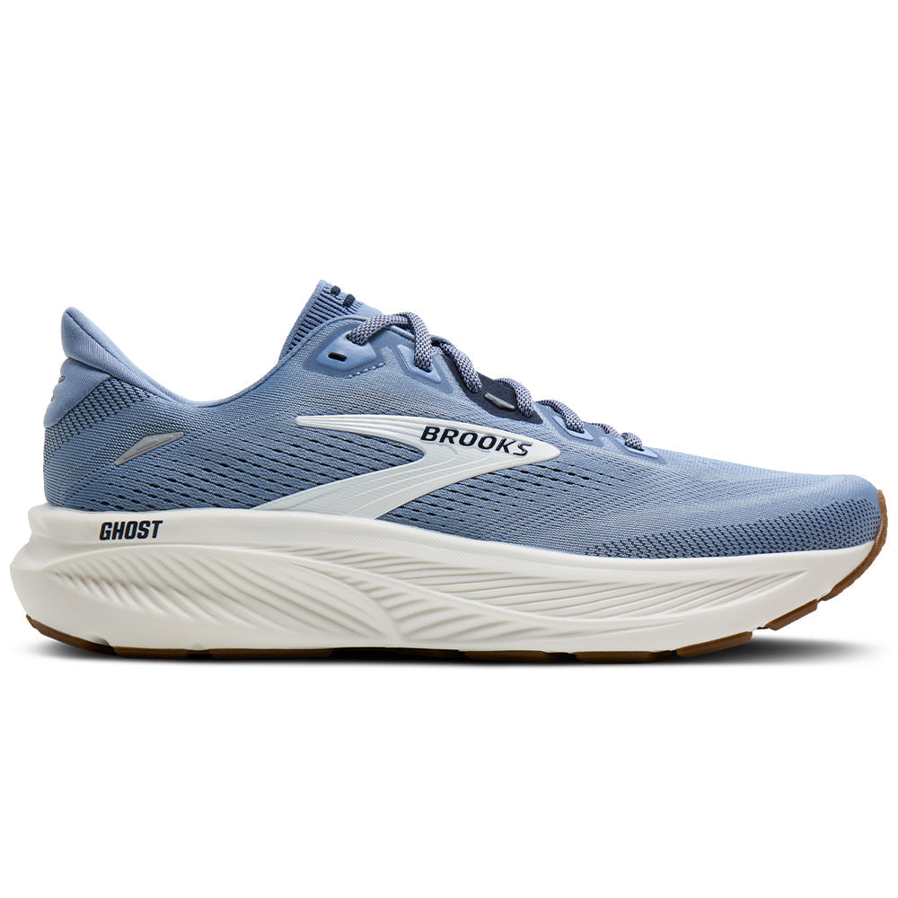 Side view on white background of Mens Brooks Ghost running shoe in Rain Washed/Navy/Coconut, Medium (Regular) width