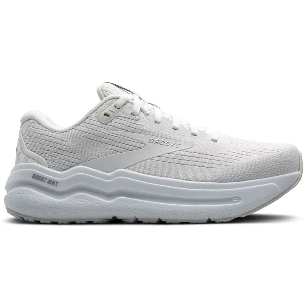 Side view on white background of Mens Brooks Ghost running shoe in Bright White/Bright White, Medium (Regular) width