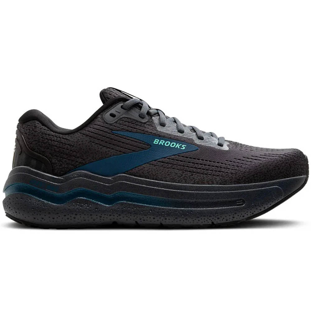 Side view on white background of Mens Brooks Ghost running shoe in Ebony/Cockatoo/Blue Sapphire, Extra Wide width