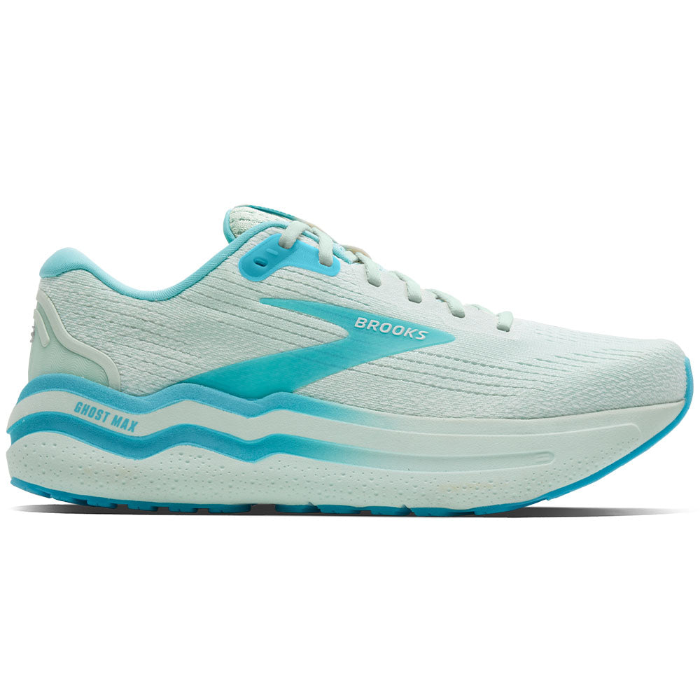 Side view on white background of Mens Brooks Ghost running shoe in HoneyDew/Blue/White, Medium (Regular) width
