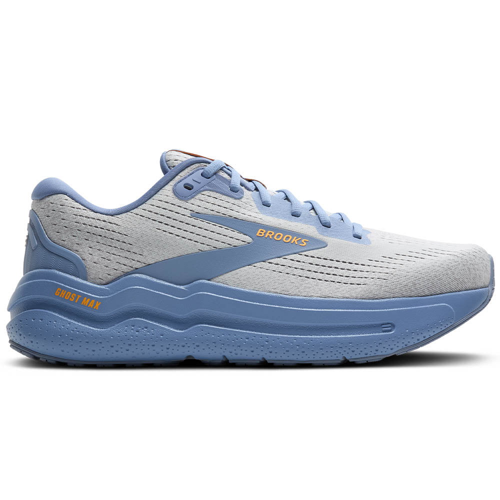 Side view on white background of Mens Brooks Ghost running shoe in Oyster Mushroom/Blue/Orange, Medium (Regular) width