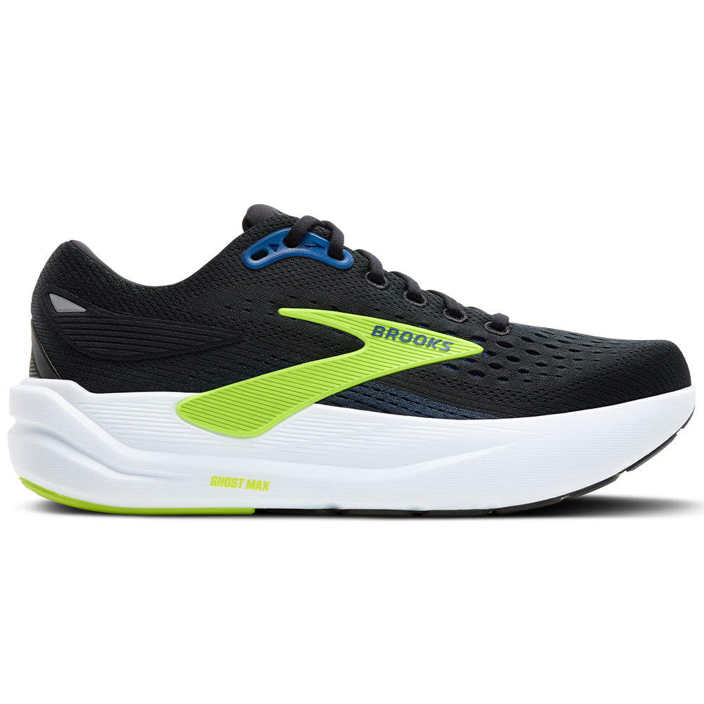 Side view on white background of Mens Brooks Ghost running shoe in Black/Navy/Acid Lime, Wide width
