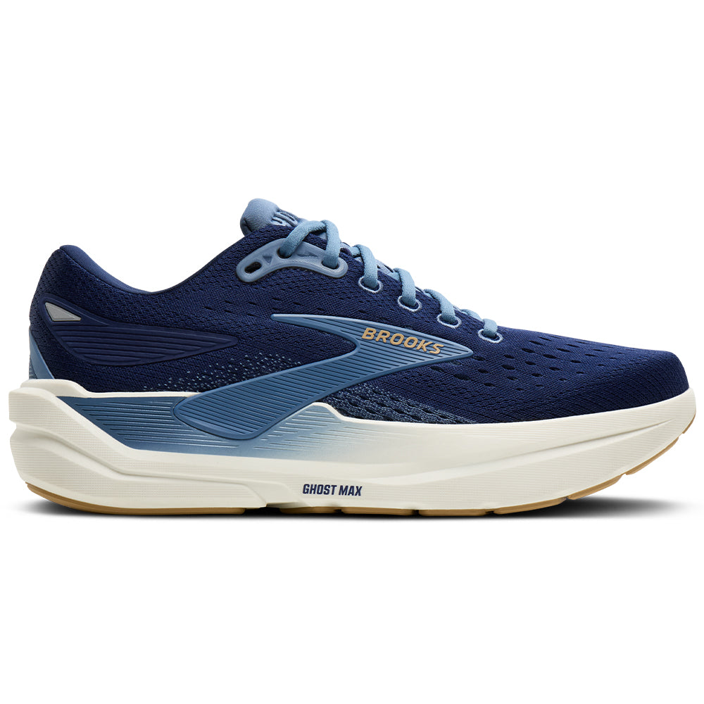 Side view on white background of Mens Brooks Ghost Max 3 running shoe in Blue/Starfish/Moonlight, Medium (Regular) width