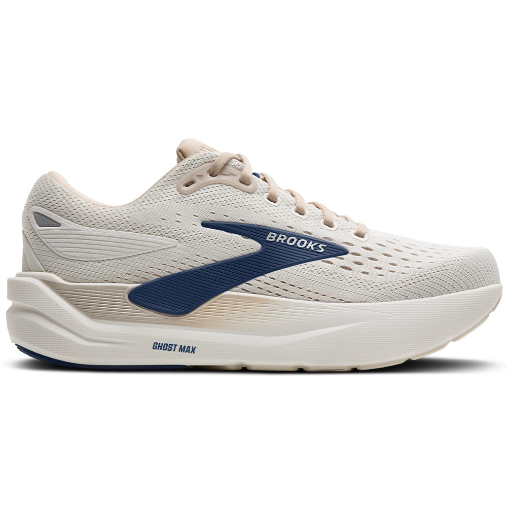 Side view on white background of Mens Brooks Ghost running shoe in Coconut/Chateau/Navy, Medium (Regular) width