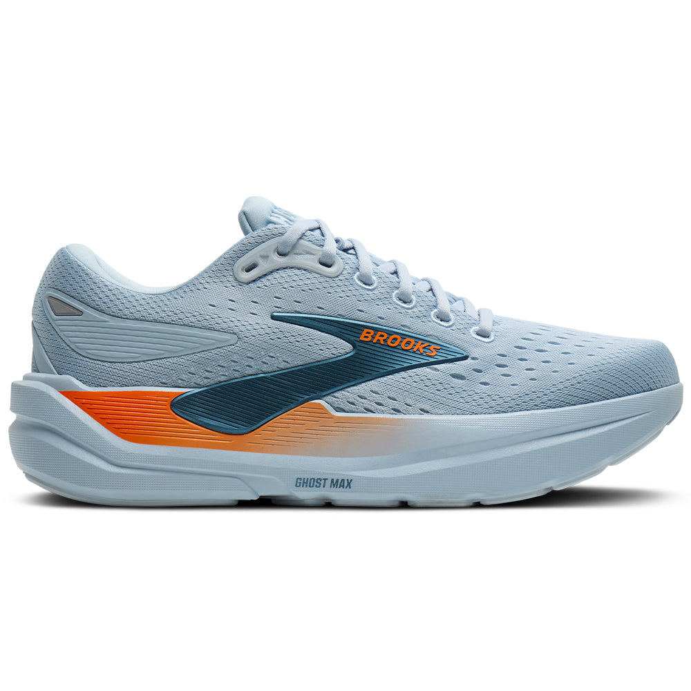 Side view on white background of Mens Brooks Ghost running shoe in Skyway/Blue/Orange, Medium (Regular) width