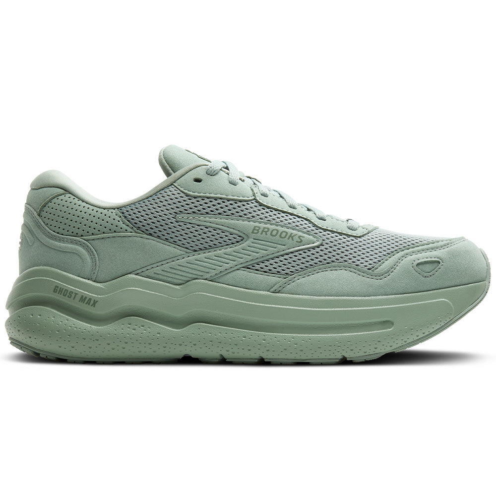 Side view on white background of Mens Brooks Ghost Max running shoe in Green/Sea, Medium (Regular) width