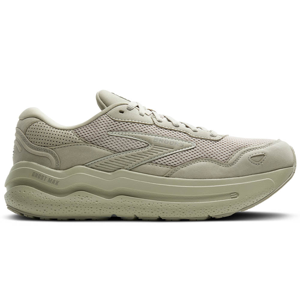 Side view on white background of Mens Brooks Ghost Max running shoe in Stone/Oak, Medium (Regular) width