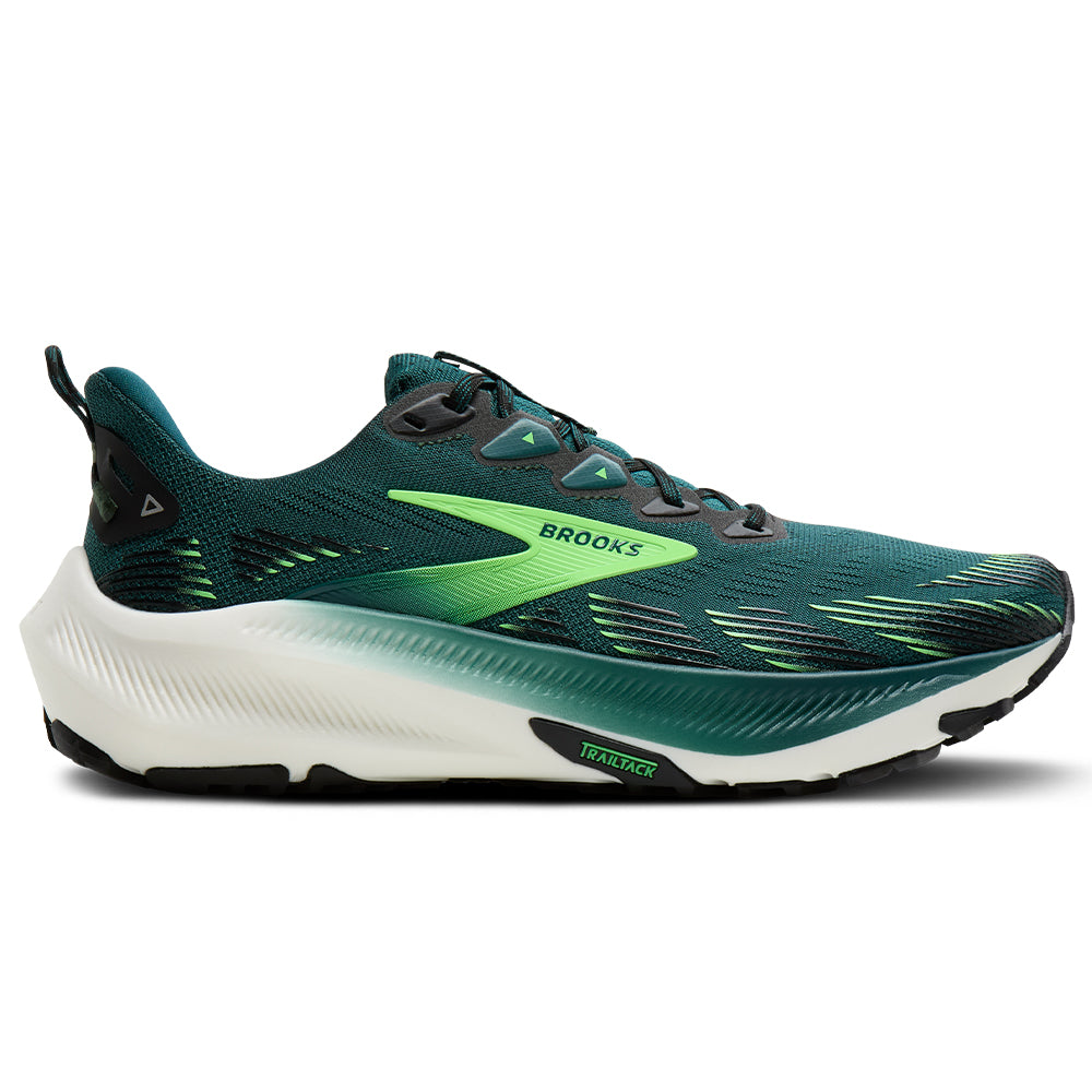 Side view on white background of Mens Brooks Ghost running shoe in Atlantic Deep/Black/Green, Medium (Regular) width