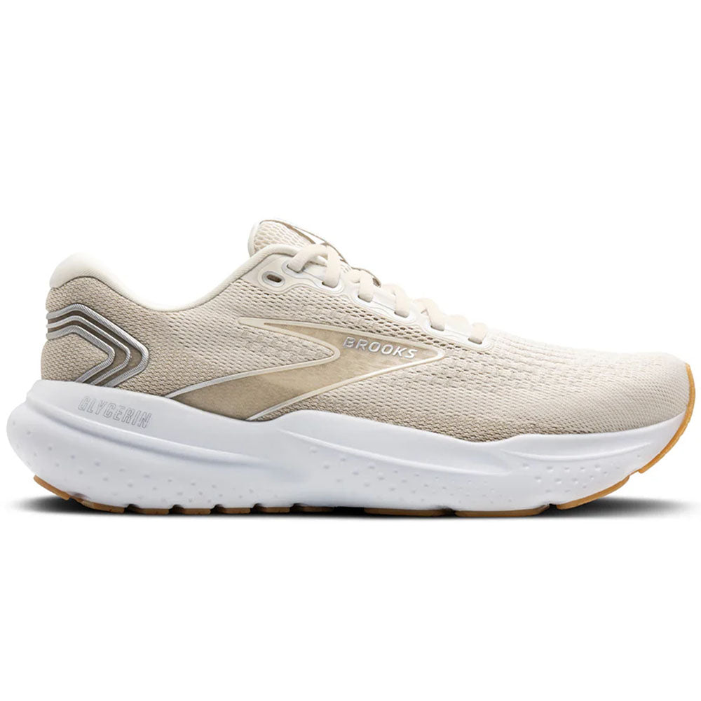 Side view on white background of Mens Brooks Glycerin running shoe in Khaki/Silver/White, Medium (Regular) width