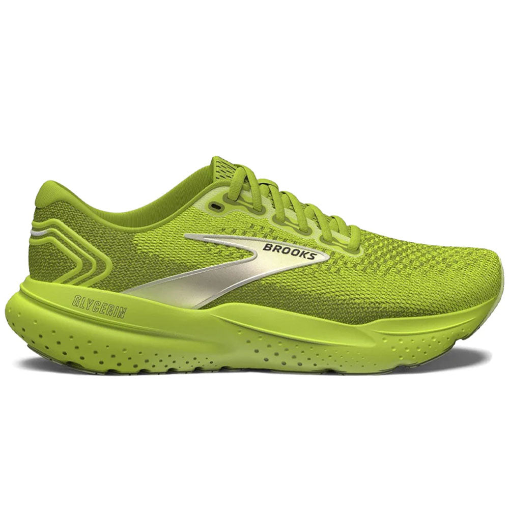 Side view on white background of Mens Brooks Glycerin running shoe in Lovebird/Pale Yellow Lime, Medium (Regular) width