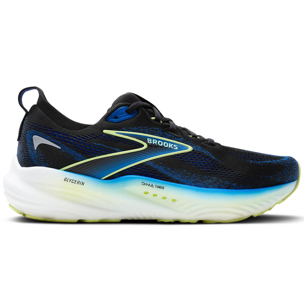 Side view on white background of Mens Brooks Glycerin running shoe in Black/Cobalt/Neo Yellow, Medium (Regular) width