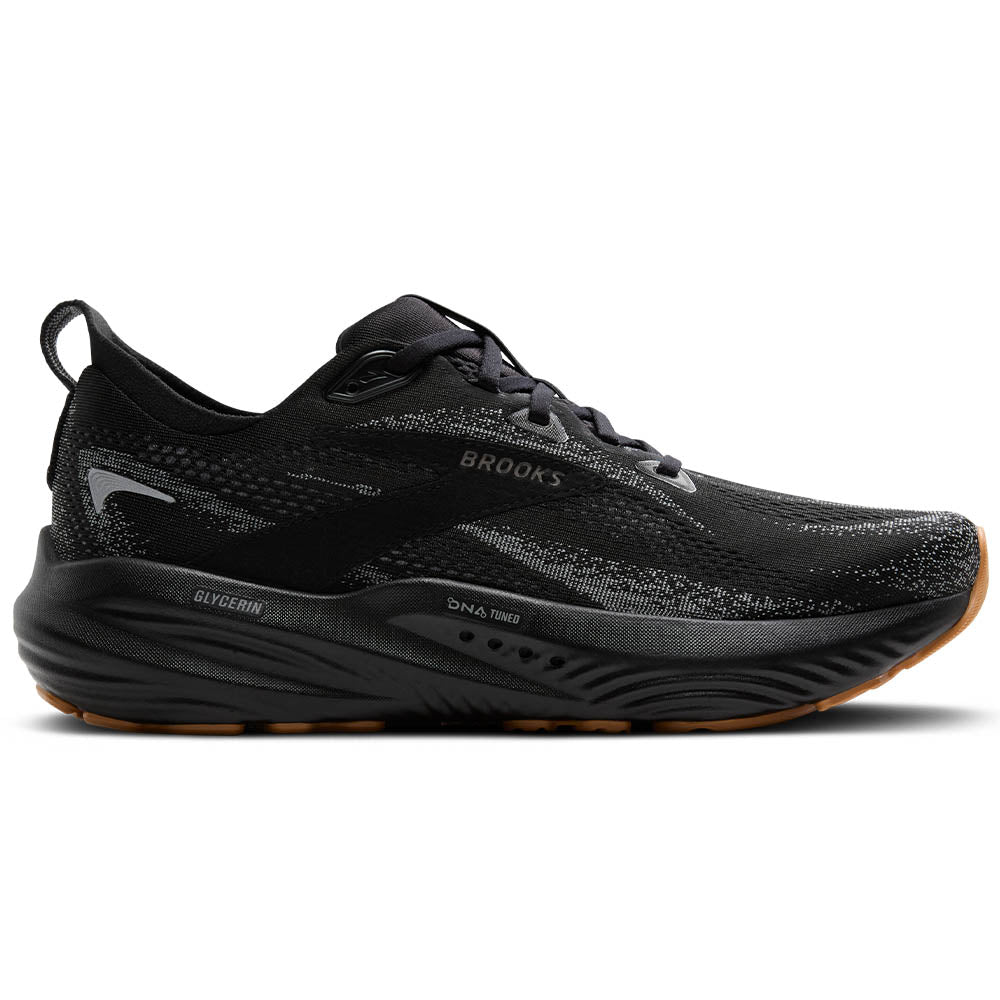 Side view on white background of Mens Brooks Glycerin running shoe in Black/Primer Gray/Biscuit, Medium (Regular) width