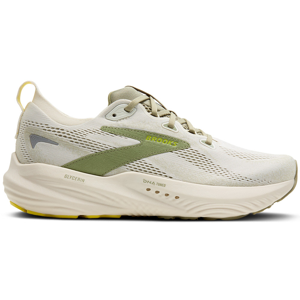 Side view on white background of Mens Brooks Glycerin running shoe in Coconut/Tea/Blazing Yellow, Medium (Regular) width