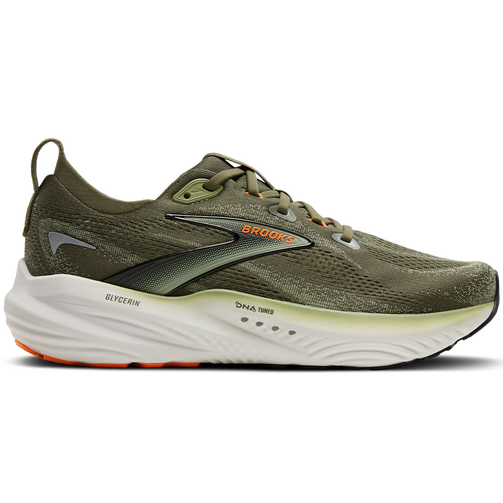 Side view on white background of Mens Brooks Glycerin running shoe in Dusty Olive/Tea/Orange, Medium (Regular) width