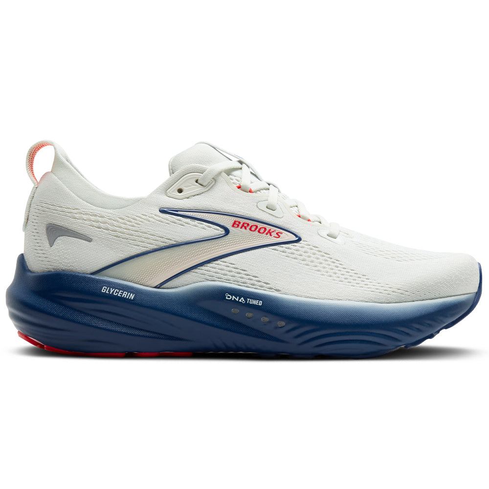 Side view on white background of Mens Brooks Glycerin 22 running shoe in Gray/Navy Peony/Fiery Red, Medium (Regular) width