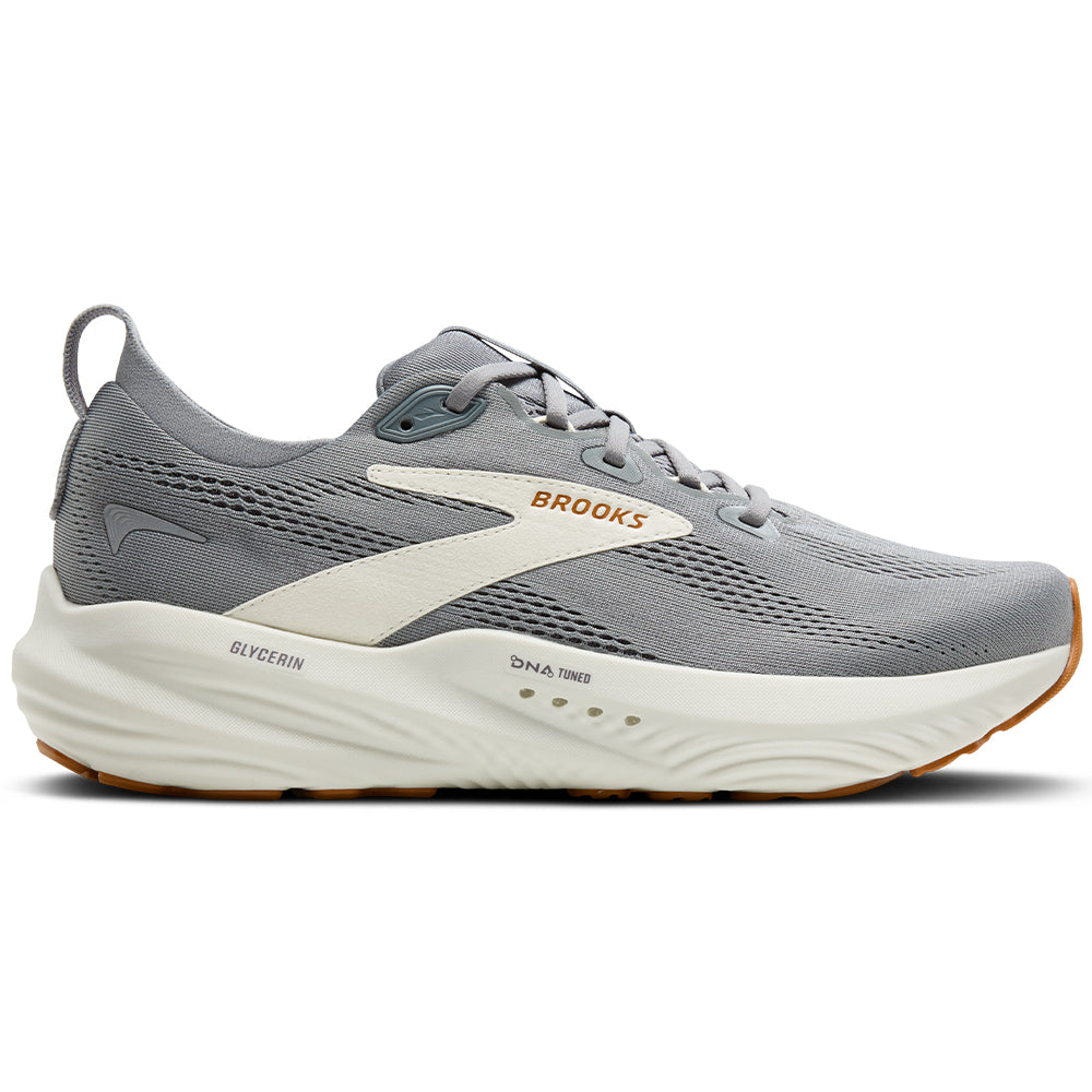 Side view on white background of Mens Brooks Glycerin running shoe in Primer Gray/Gray/Honey Ginger, Medium (Regular) width