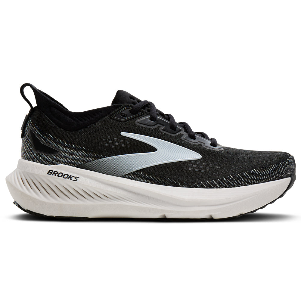 Side view on white background of Mens Brooks Glycerin running shoe in Black/Grey/White, Medium (Regular) width