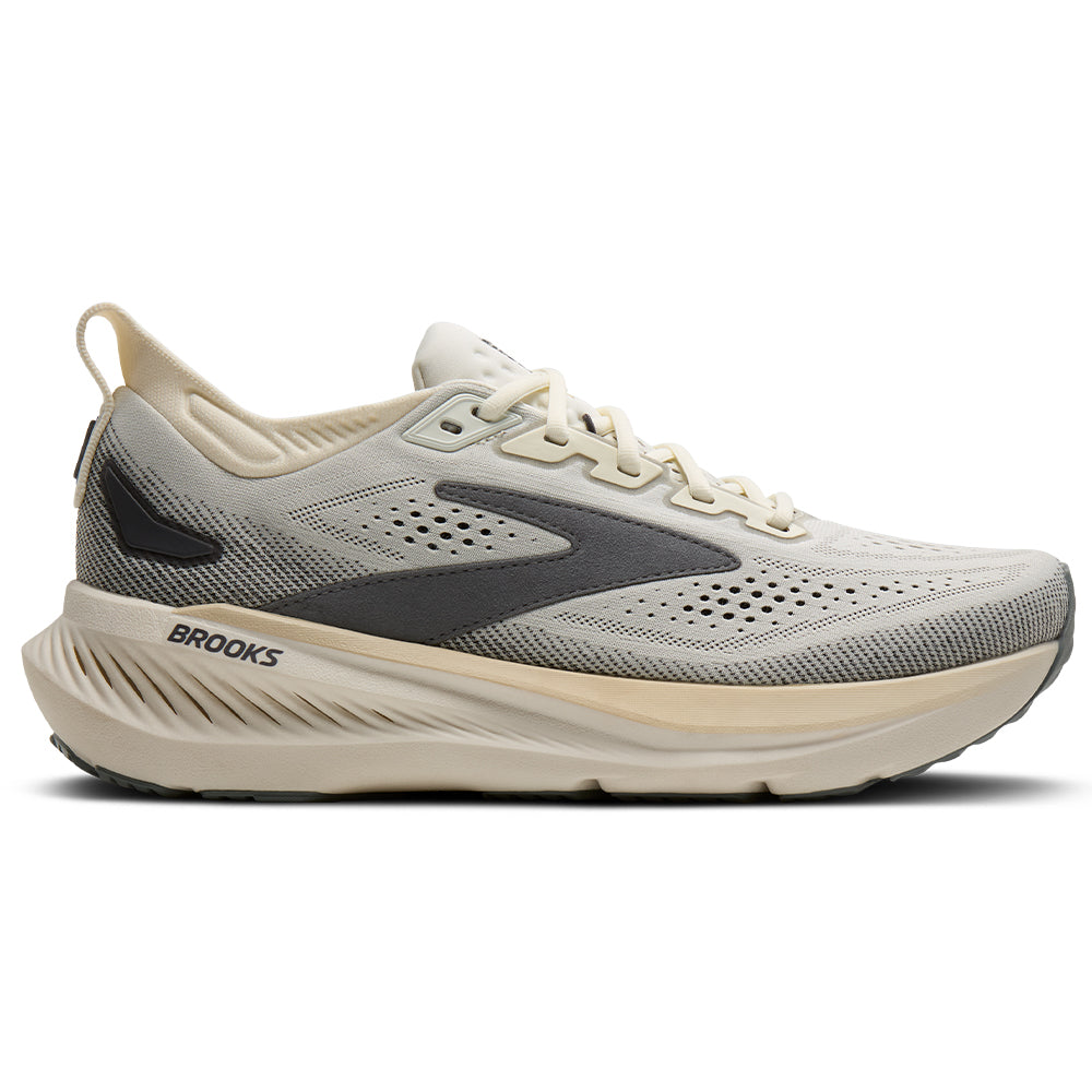 Side view on white background of Mens Brooks Glycerin running shoe in Coconut/Bleached Sand/Grey, Medium (Regular) width