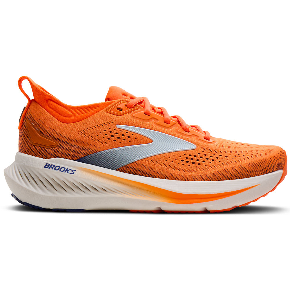 Side view on white background of Mens Brooks Glycerin running shoe in Shocking Orange/Blue/White, Medium (Regular) width
