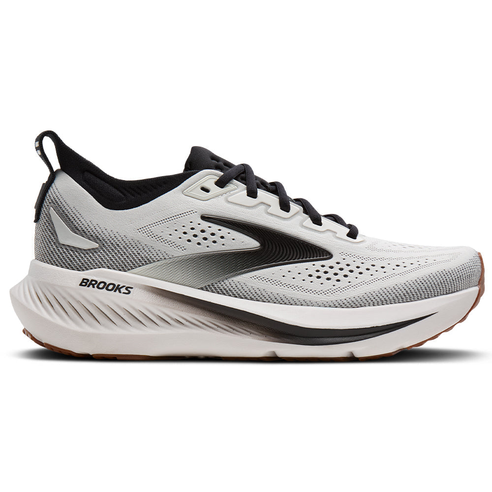 Side view on white background of Mens Brooks Glycerin running shoe in White/Black Biscuit, Wide width