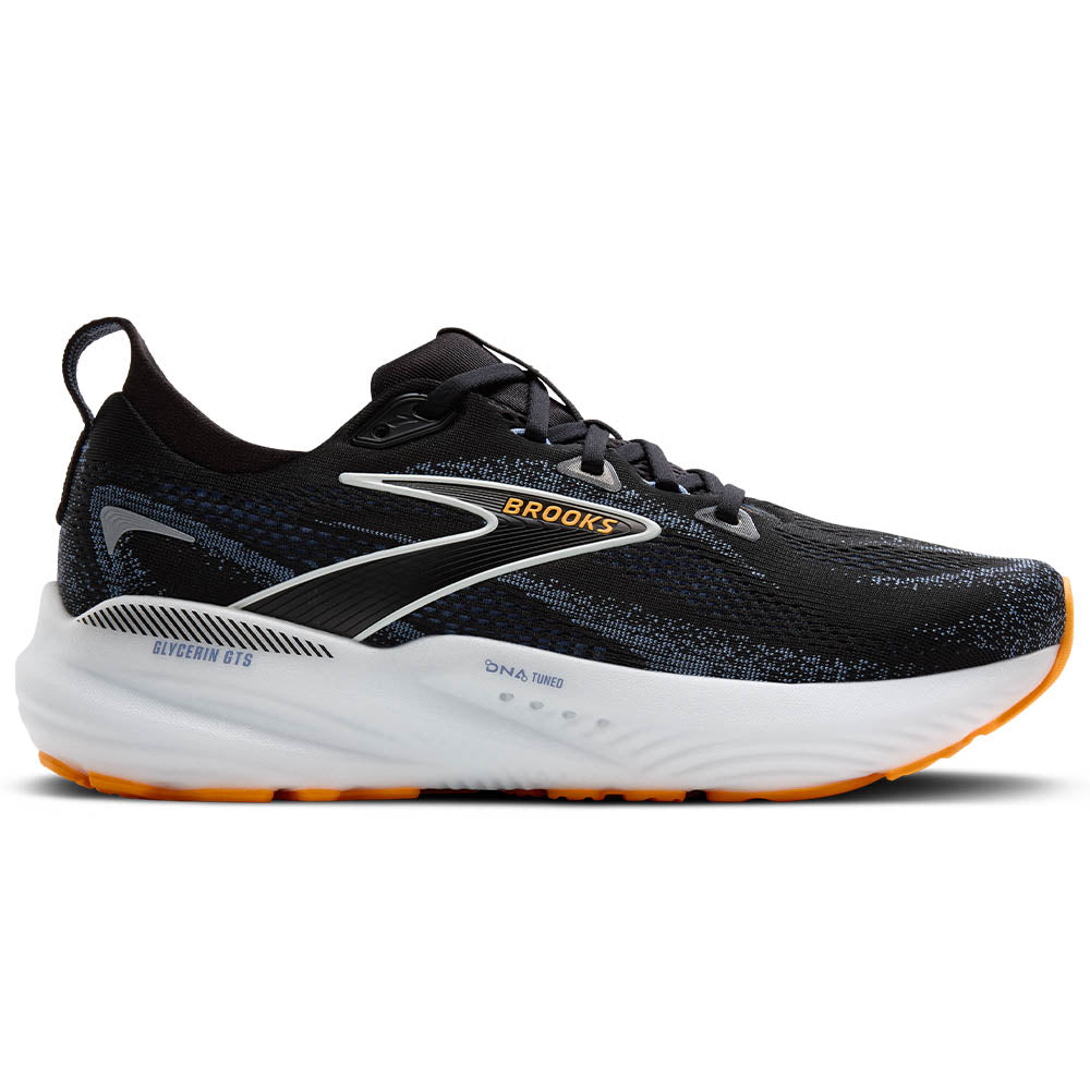 Side view on white background of Mens Brooks Glycerin running shoe in Black/Country Blue/Orange Pop, Medium (Regular) width