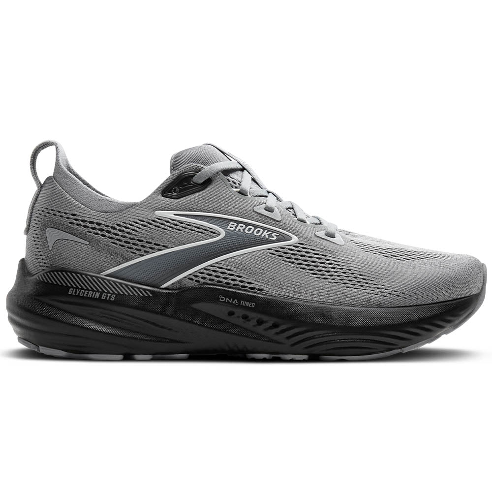Side view on white background of Mens Brooks Glycerin running shoe in Primer Gray/Ebony/Bluewash, Wide width