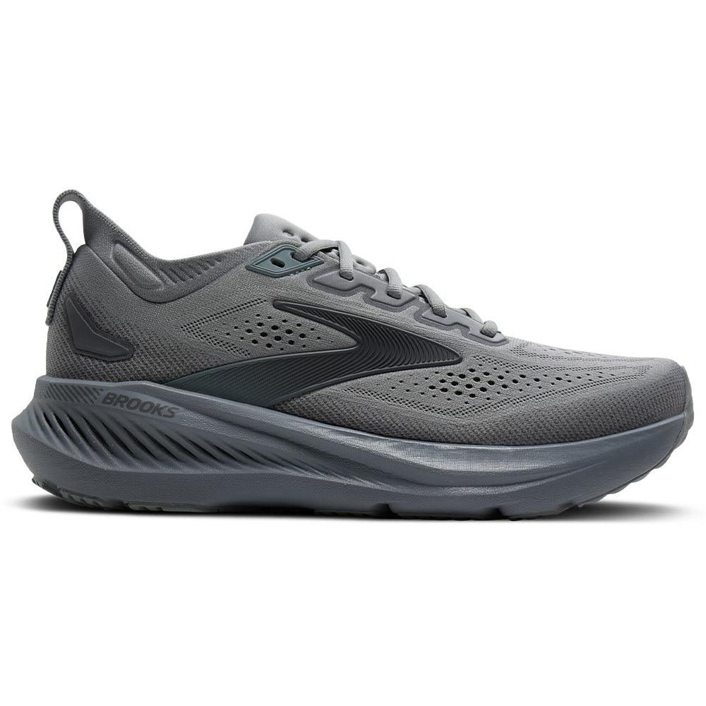 Side view on white background of Mens Brooks Glycerin running shoe in Grey/Blackened Pearl/Black, Medium (Regular) width