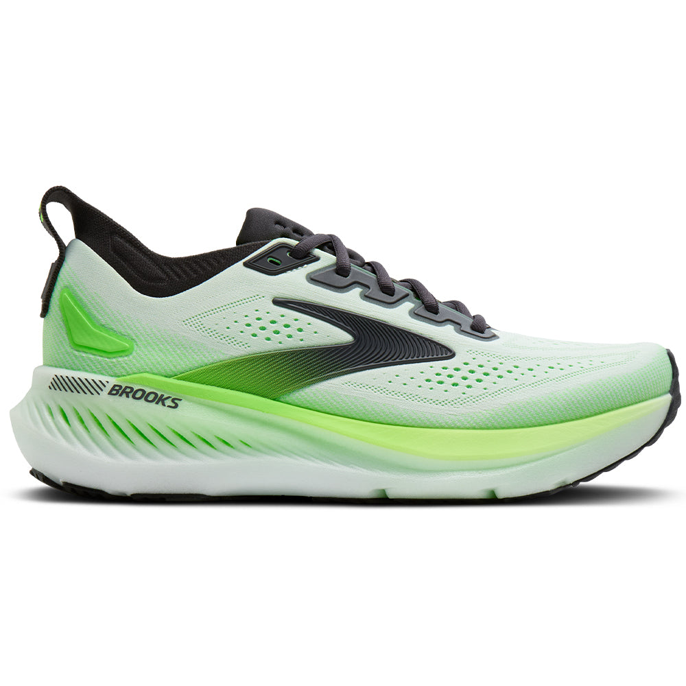 Side view on white background of Mens Brooks Glycerin running shoe in White/Phantom/Green Gecko, Medium (Regular) width