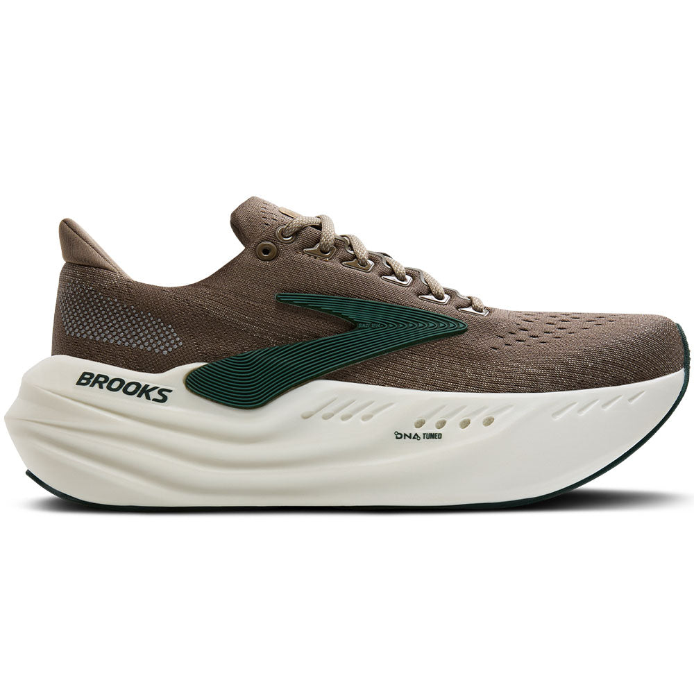 Side view on white background of Mens Brooks Glycerin running shoe in Falcon/Green/London Fog, Medium (Regular) width