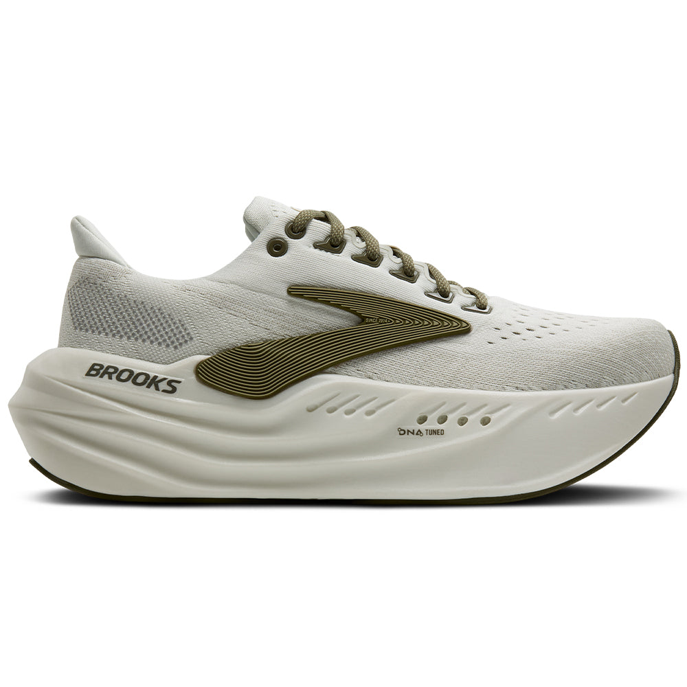 Side view on white background of Mens Brooks Glycerin running shoe in Grey/Dusty Olive/Tea, Medium (Regular) width