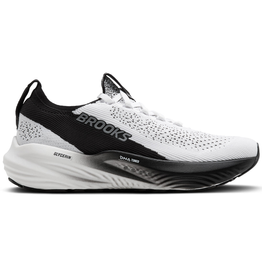 Side view on white background of Mens Brooks Glycerin running shoe in White/Grey/Black, Medium (Regular) width