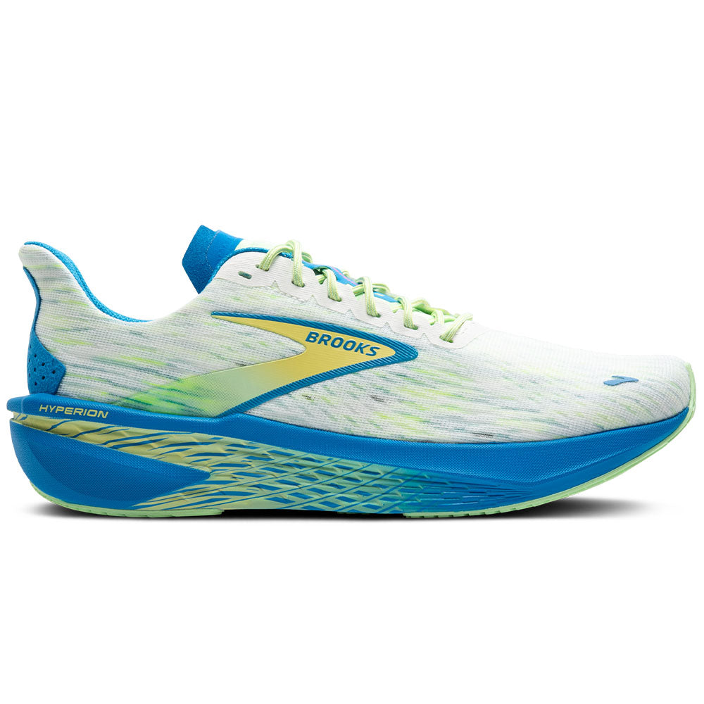 Side view on white background of Mens Brooks Hyperion running shoe in White/Elfin/Patina, Medium (Regular) width