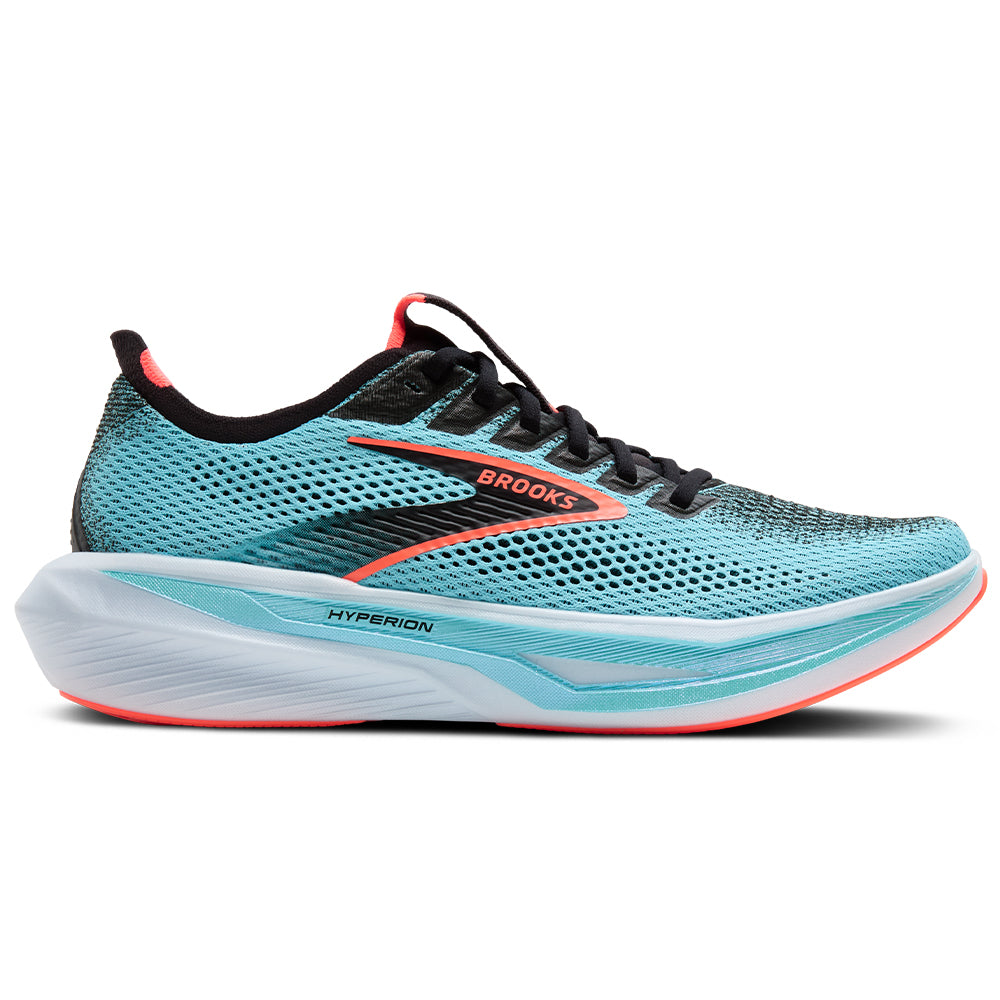 Side view on white background of Mens Brooks Hyperion running shoe in Atomizer/Black/Pink Clay, Medium (Regular) width