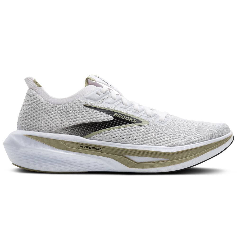 Side view on white background of Mens Brooks Hyperion running shoe in Oyster Mushroom/Black/Tea, Medium (Regular) width