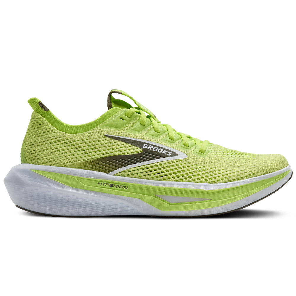Side view on white background of Mens Brooks Hyperion running shoe in Sunny Lime/Olive/White, Medium (Regular) width