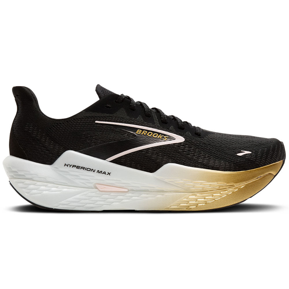 Side view on white background of Mens Brooks Hyperion running shoe in Black/Gold/Pink, Medium (Regular) width
