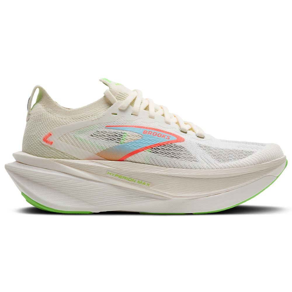 Side view on white background of Mens Brooks Hyperion running shoe in Coconut/Green Gecko/Pink Clay, Medium (Regular) width