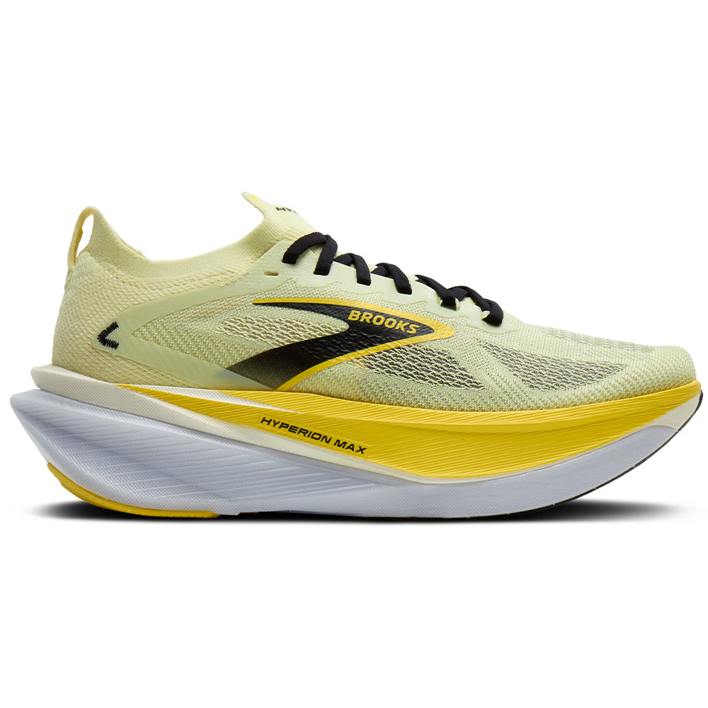 Side view on white background of Mens Brooks Hyperion running shoe in Luminary/Cyber Yellow/Black, Medium (Regular) width
