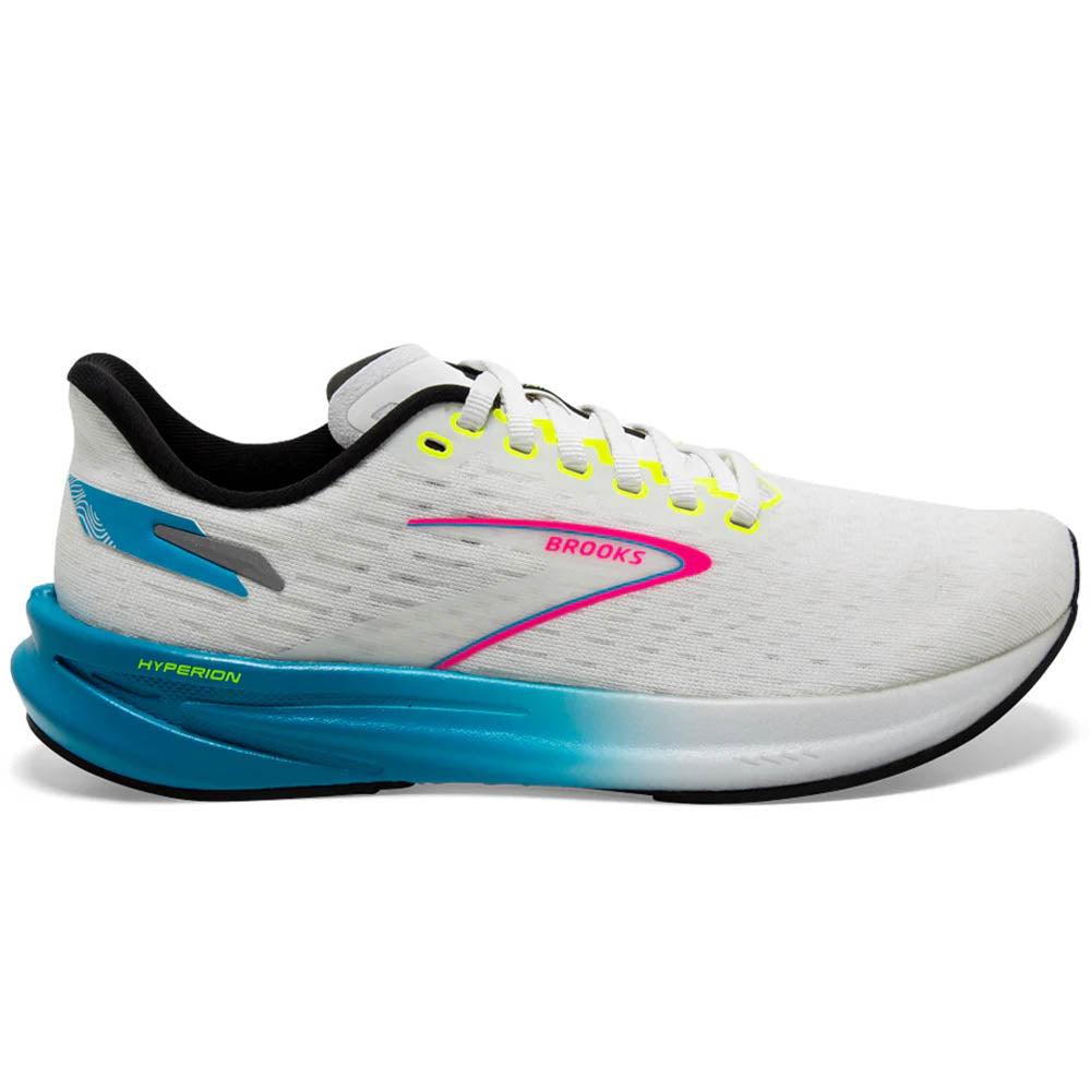 Side view on white background of Mens Brooks Hyperion running shoe in White/Blue/Pink, Medium (Regular) width
