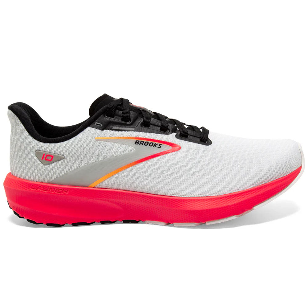 Side view on white background of Mens Brooks Launch running shoe in Blue/Black/Fiery Coral, Medium (Regular) width
