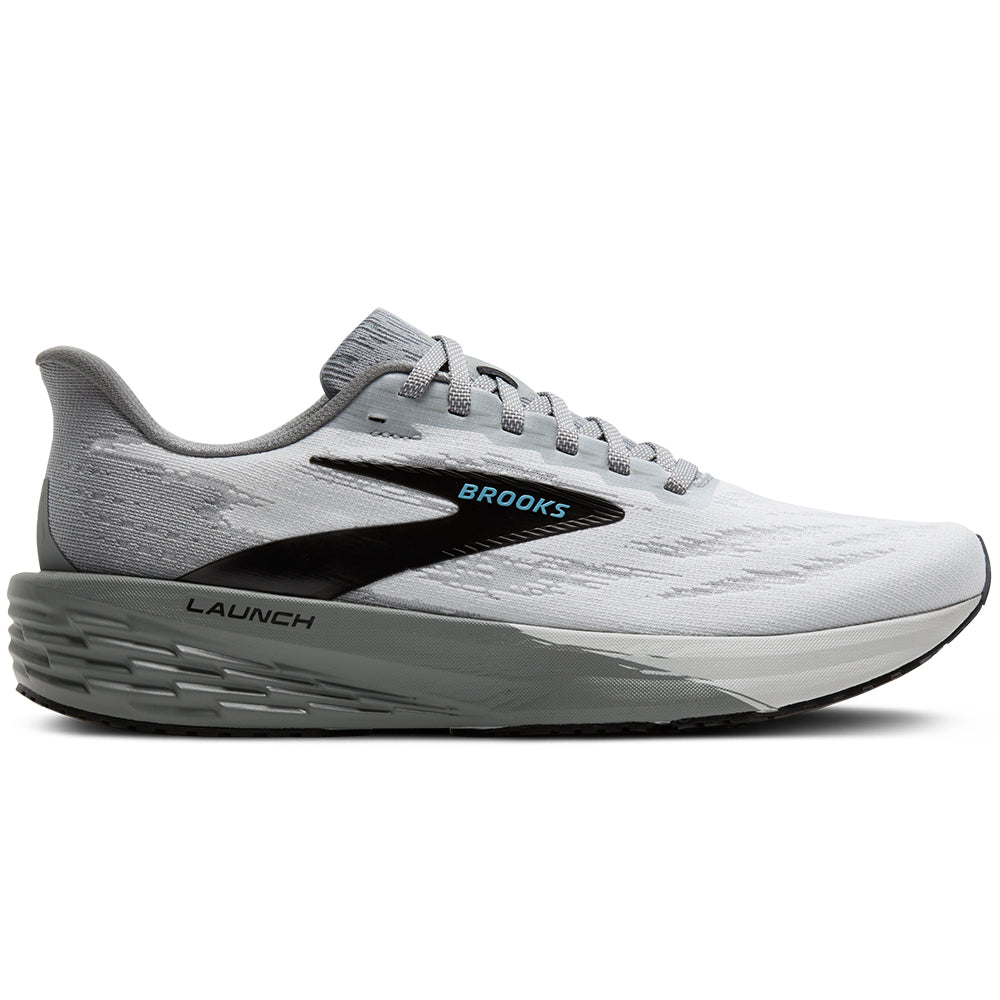 Side view on white background of Mens Brooks Launch running shoe in Oyster/Primer Gray/Blue, Medium (Regular) width