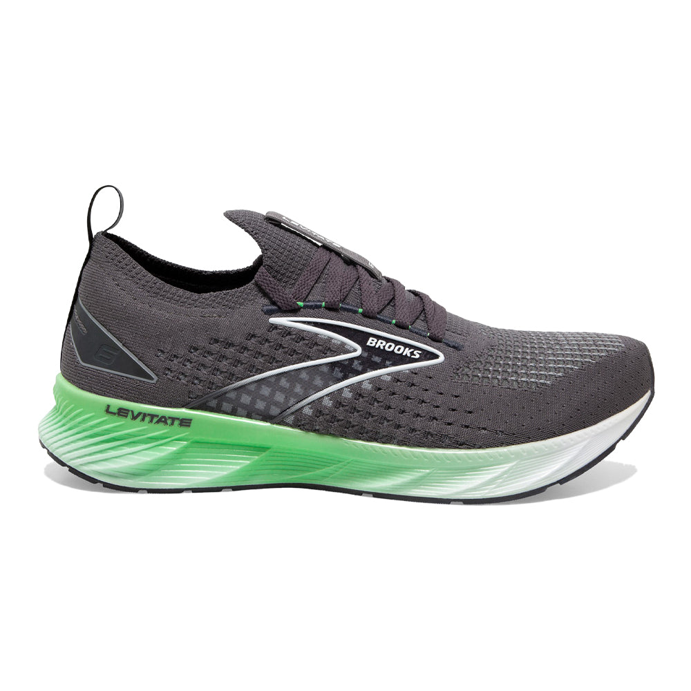 Men's Brooks Levitate StealthFit 6, Blackened Pearl/Green/White, 12 D Medium
