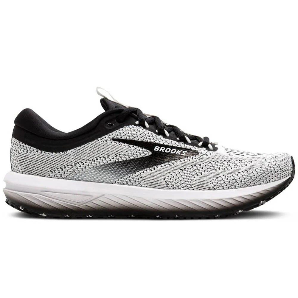 Side view on white background of Mens Brooks Revel running shoe in White/Black, Medium (Regular) width