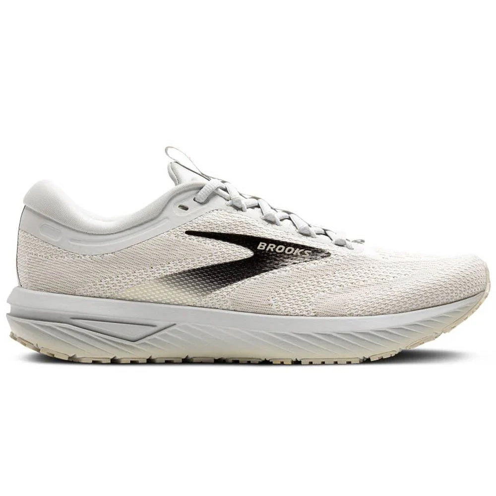 Side view on white background of Mens Brooks Revel running shoe in White/Pelican/Black, Medium (Regular) width