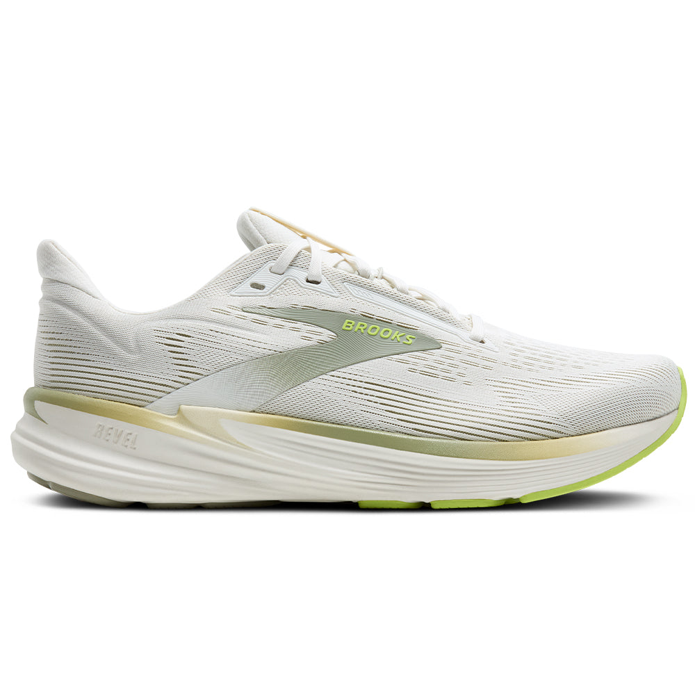 Side view on white background of Mens Brooks Revel running shoe in Coconut/Tea/Acid Lime, Medium (Regular) width